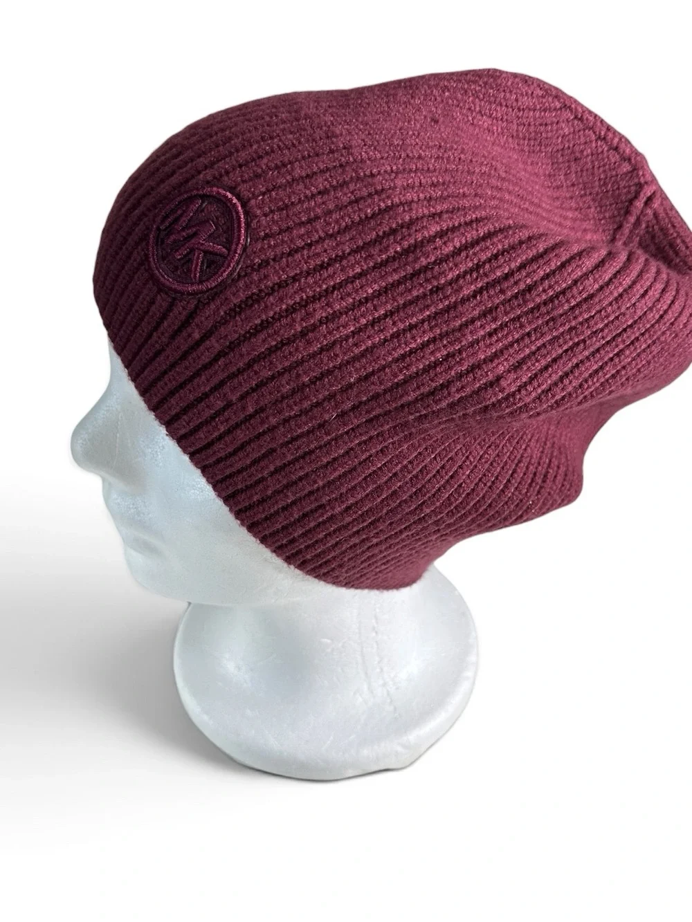 Michael Kors Burgundy Ribbed Knit Slouchy Beanie Tonal MK Logo NWOT